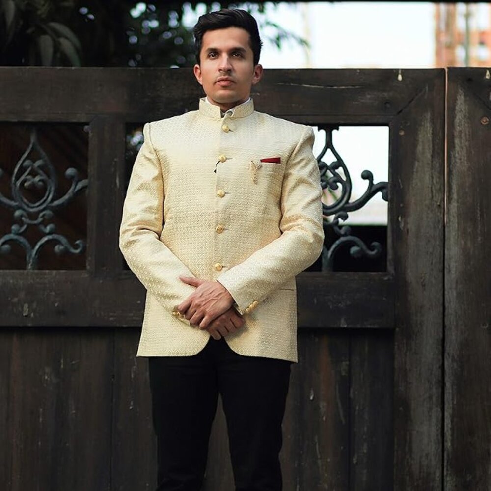 WINTAGE Men's Banarsi Rayon Cotton Indian Jodhpuri Grandad Cream Blazer